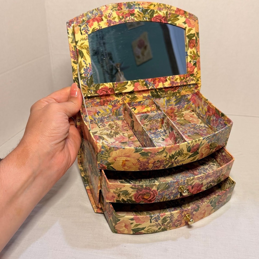 Vintage Floral Chintz Jewelry Box 2-Drawer Mirror Cottagecore Vanity Organizer